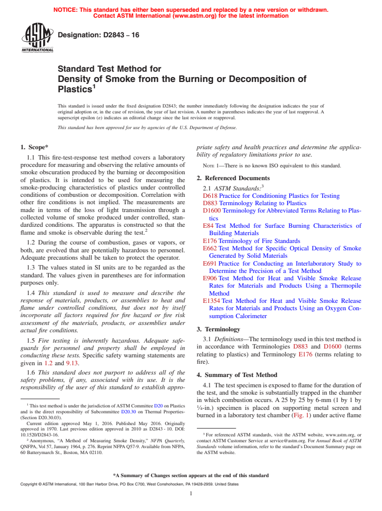 ASTM D2843-16 - Standard Test Method for  Density of Smoke from the Burning or Decomposition of Plastics