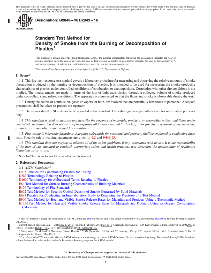 REDLINE ASTM D2843-16 - Standard Test Method for  Density of Smoke from the Burning or Decomposition of Plastics