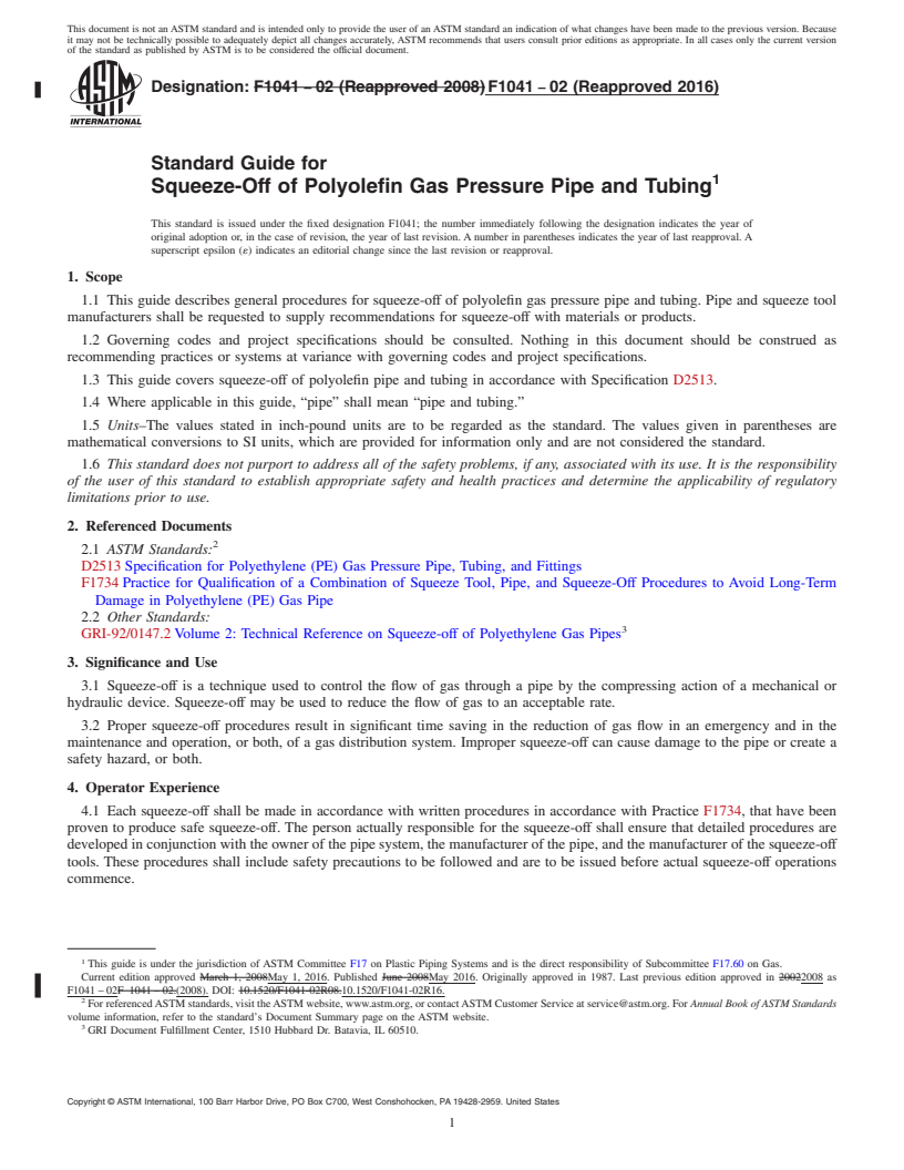 REDLINE ASTM F1041-02(2016) - Standard Guide for  Squeeze-Off of Polyolefin Gas Pressure Pipe and Tubing