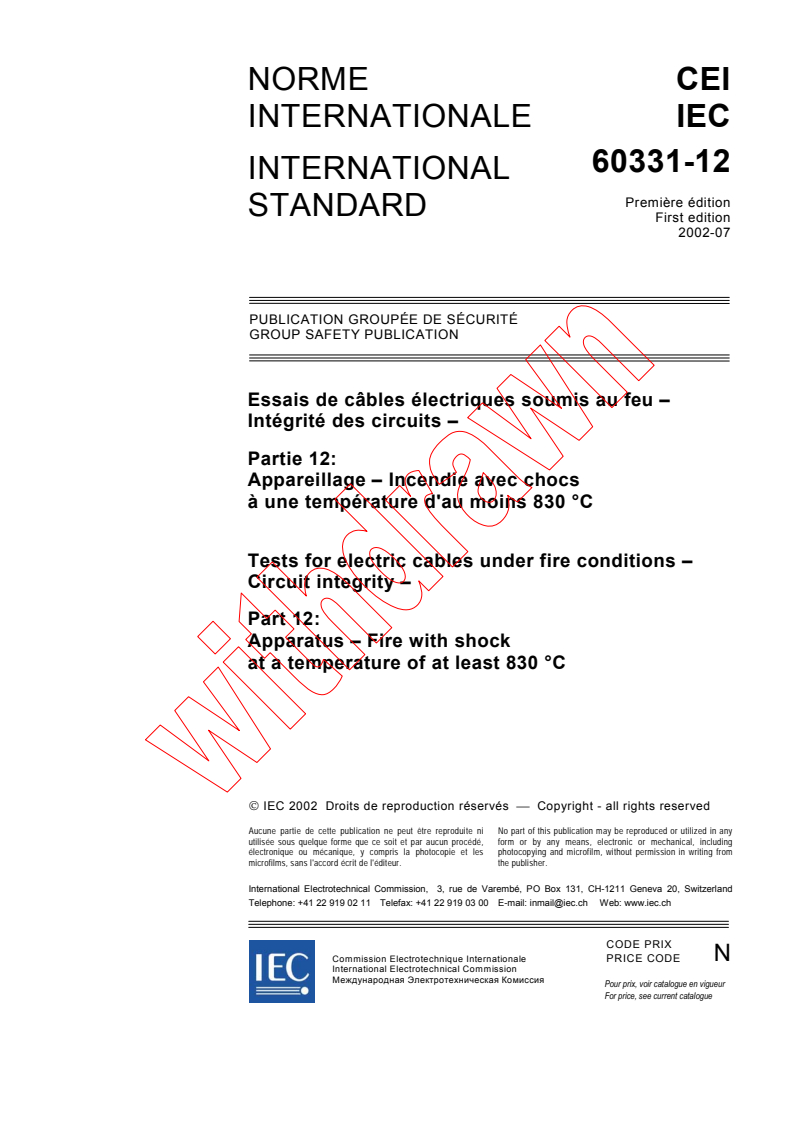 IEC 60331-12:2002 - Tests for electric cables under fire conditions - Circuit integrity - Part 12: Apparatus - Fire with shock at a temperature of at least 830 °C
Released:7/26/2002
Isbn:2831865158