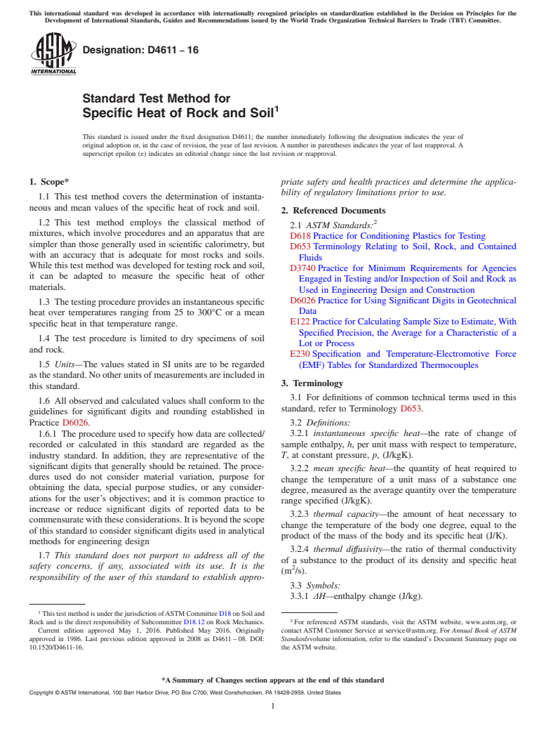 ASTM D4611-16 - Standard Test Method for  Specific Heat of Rock and Soil
