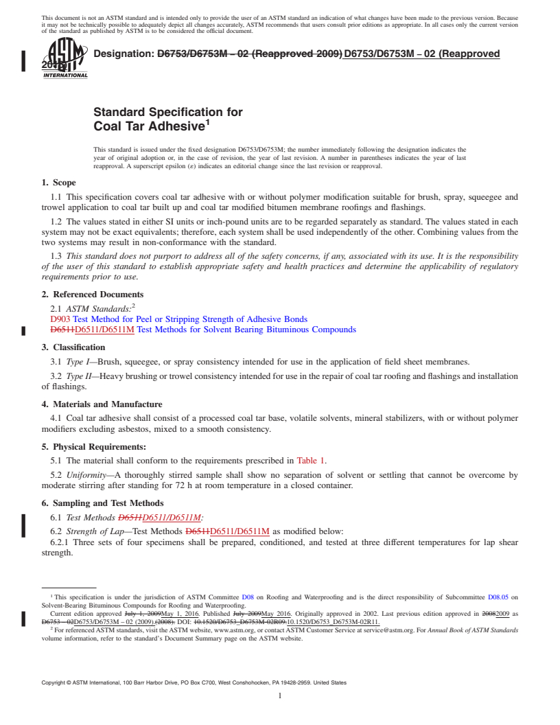 REDLINE ASTM D6753/D6753M-02(2016) - Standard Specification for  Coal Tar Adhesive