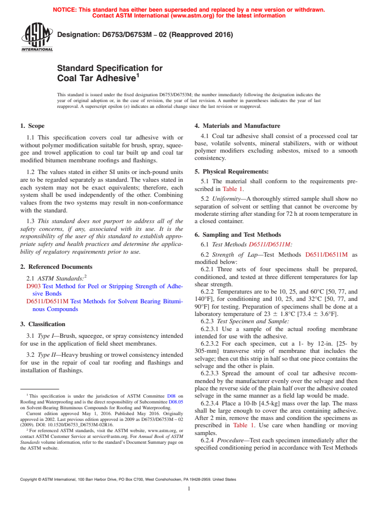 ASTM D6753/D6753M-02(2016) - Standard Specification for  Coal Tar Adhesive