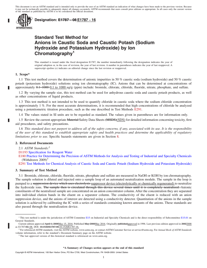 REDLINE ASTM E1787-16 - Standard Test Method for Anions in Caustic Soda and Caustic Potash (Sodium Hydroxide  and Potassium Hydroxide) by Ion Chromatography