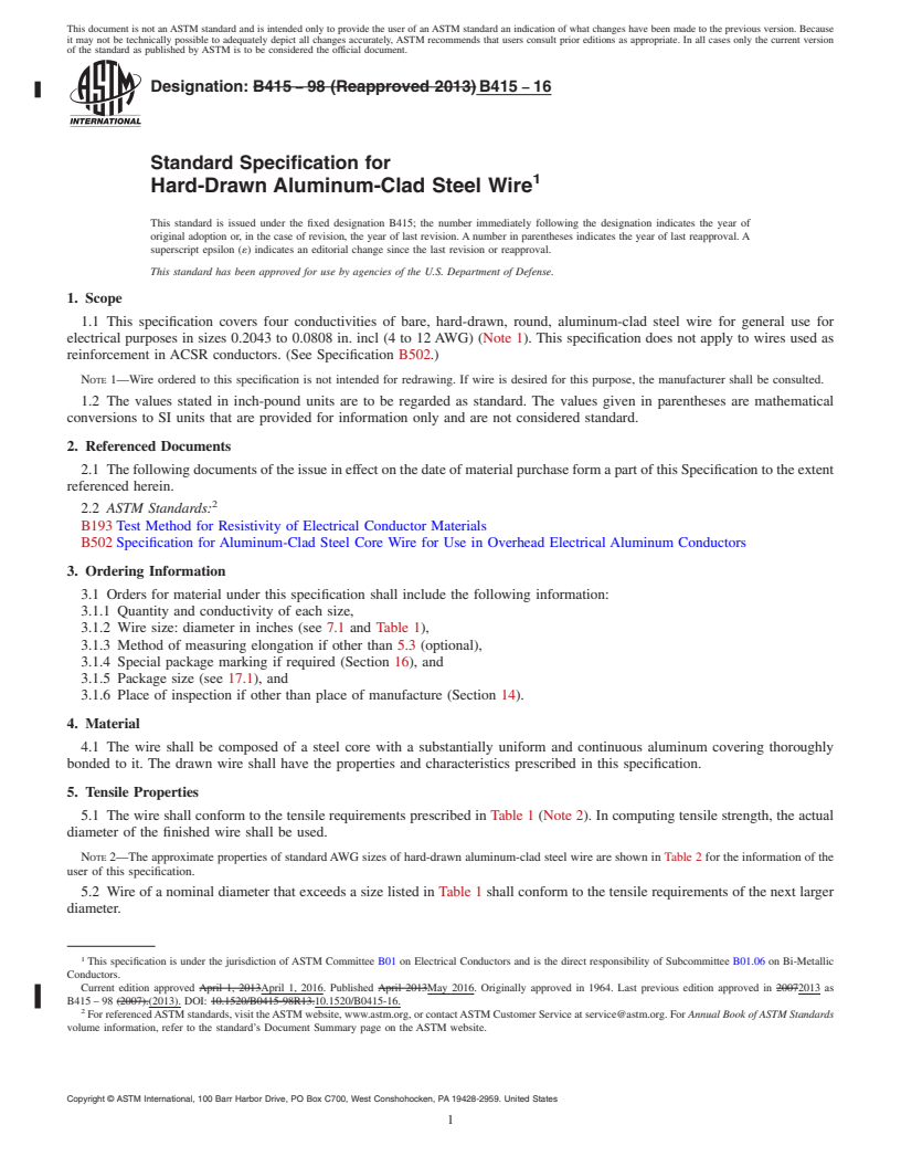 REDLINE ASTM B415-16 - Standard Specification for Hard-Drawn Aluminum-Clad Steel Wire
