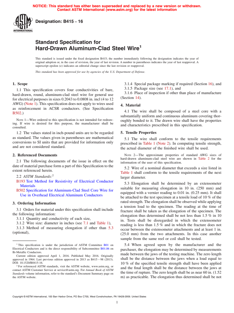 ASTM B415-16 - Standard Specification for Hard-Drawn Aluminum-Clad Steel Wire