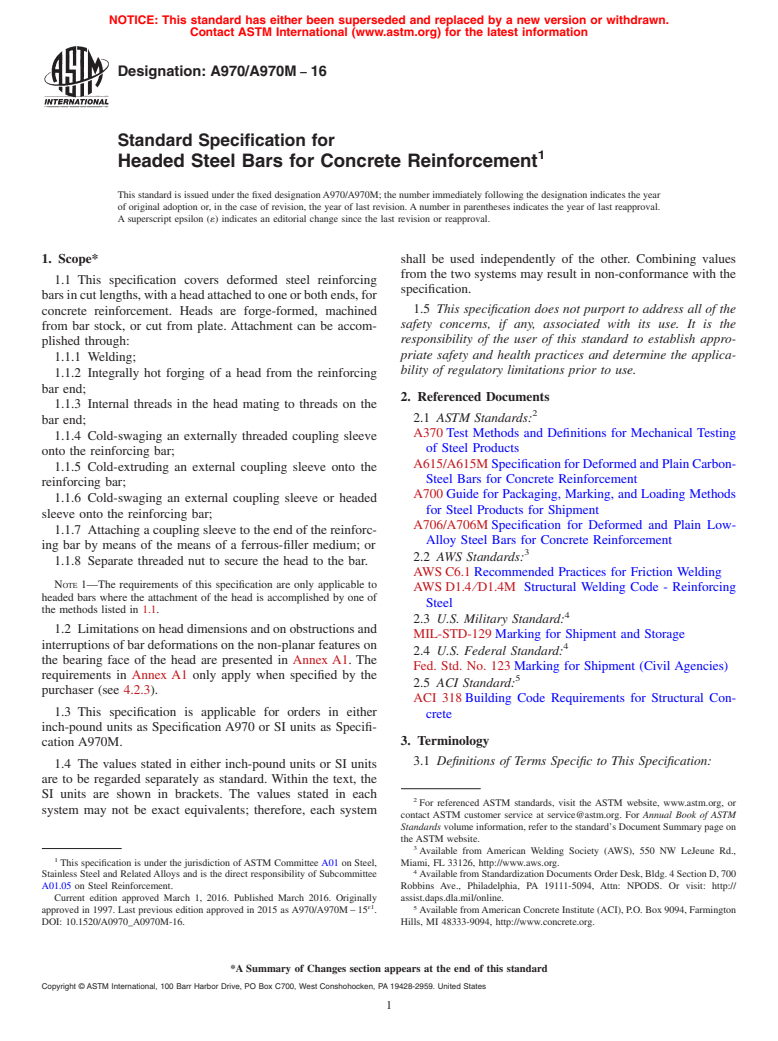ASTM A970/A970M-16 - Standard Specification for  Headed Steel Bars for Concrete Reinforcement