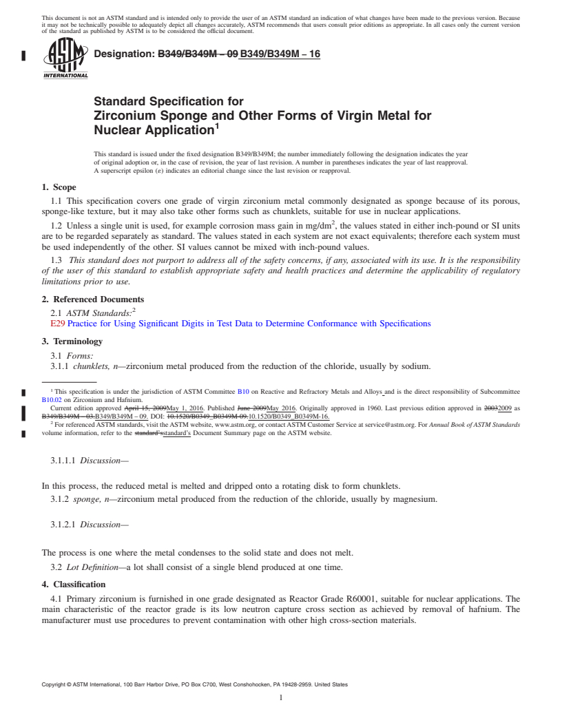 REDLINE ASTM B349/B349M-16 - Standard Specification for Zirconium Sponge and Other Forms of Virgin Metal for Nuclear  Application