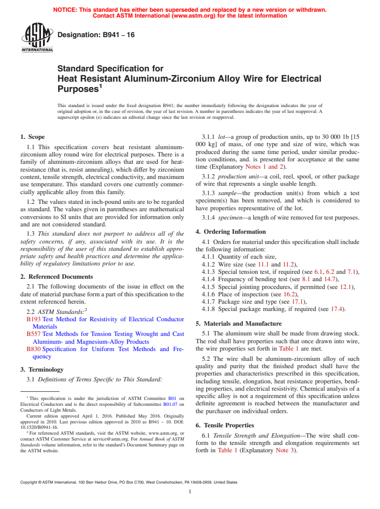 ASTM B941-16 - Standard Specification for Heat Resistant Aluminum-Zirconium Alloy Wire for Electrical   Purposes