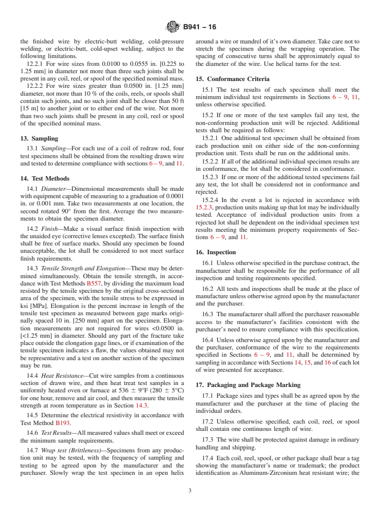 ASTM B941-16 - Standard Specification for Heat Resistant Aluminum-Zirconium Alloy Wire for Electrical   Purposes