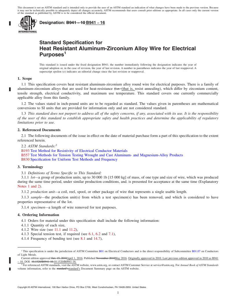 REDLINE ASTM B941-16 - Standard Specification for Heat Resistant Aluminum-Zirconium Alloy Wire for Electrical   Purposes