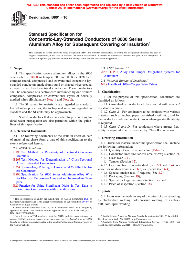 ASTM B801-16 - Standard Specification for Concentric-Lay-Stranded Conductors of 8000 Series Aluminum   Alloy for Subsequent Covering or Insulation