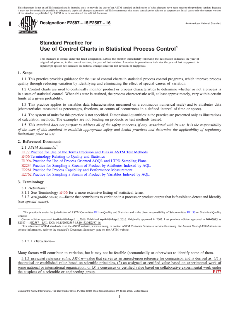 REDLINE ASTM E2587-16 - Standard Practice for  Use of Control Charts in Statistical Process Control