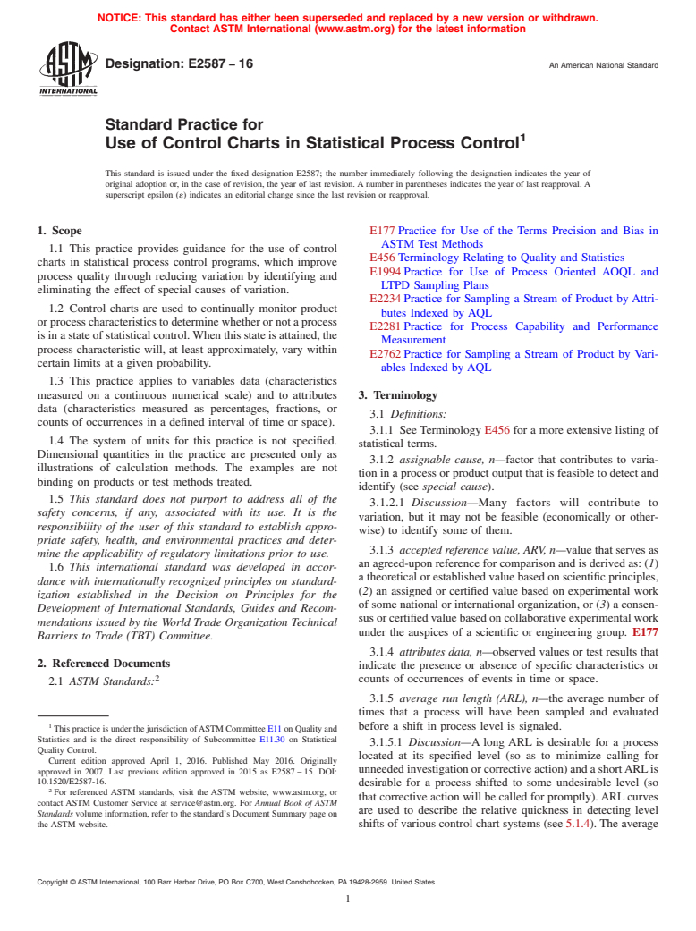 ASTM E2587-16 - Standard Practice for  Use of Control Charts in Statistical Process Control