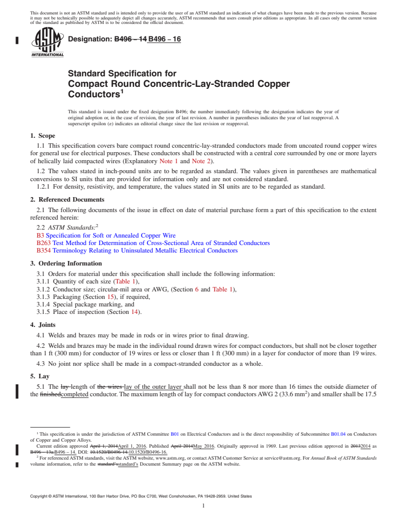 REDLINE ASTM B496-16 - Standard Specification for Compact Round Concentric-Lay-Stranded Copper Conductors