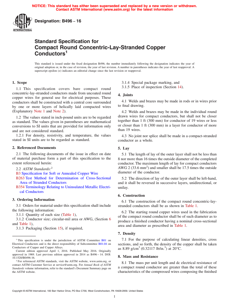 ASTM B496-16 - Standard Specification for Compact Round Concentric-Lay-Stranded Copper Conductors