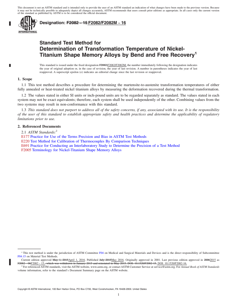 REDLINE ASTM F2082/F2082M-16 - Standard Test Method for  Determination of Transformation Temperature of Nickel-Titanium  Shape  Memory Alloys by Bend and Free Recovery