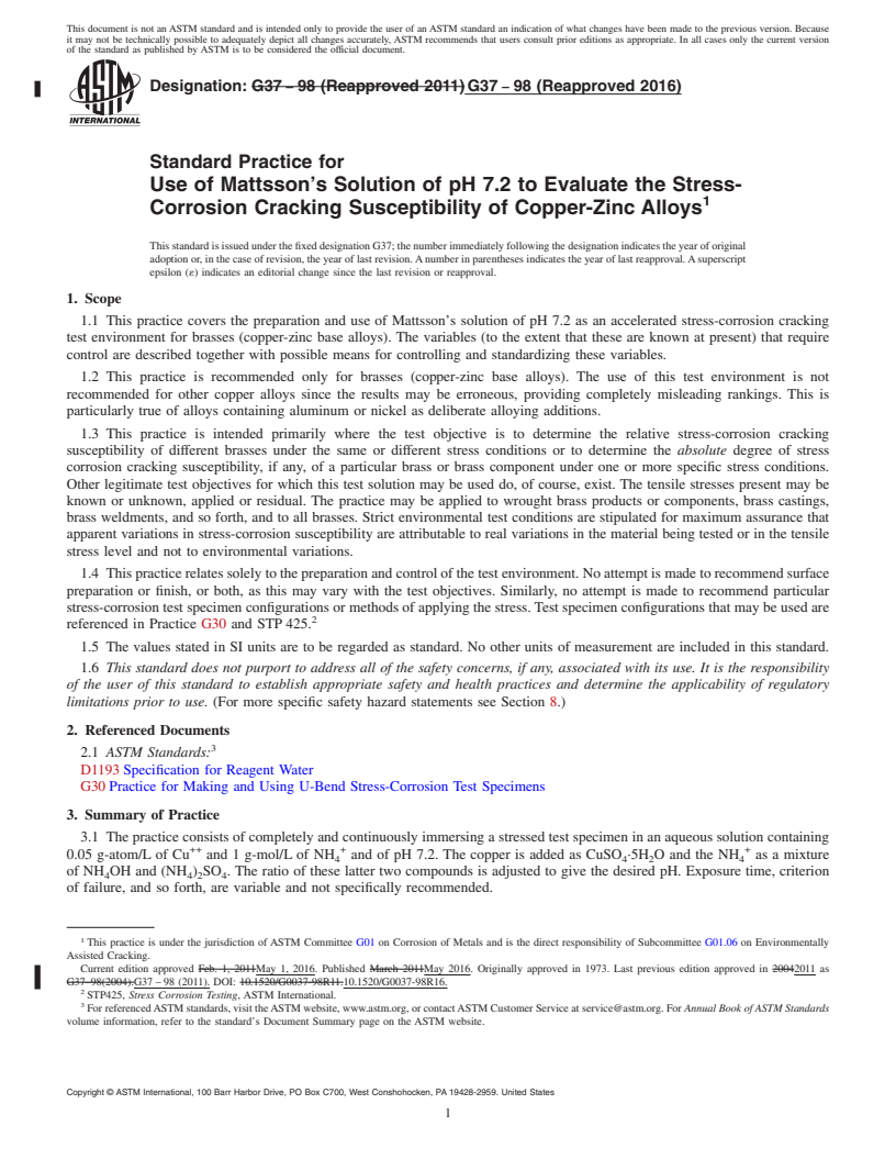 REDLINE ASTM G37-98(2016) - Standard Practice for  Use of Mattsson's Solution of pH 7.2 to Evaluate the Stress-Corrosion  Cracking Susceptibility of Copper-Zinc Alloys