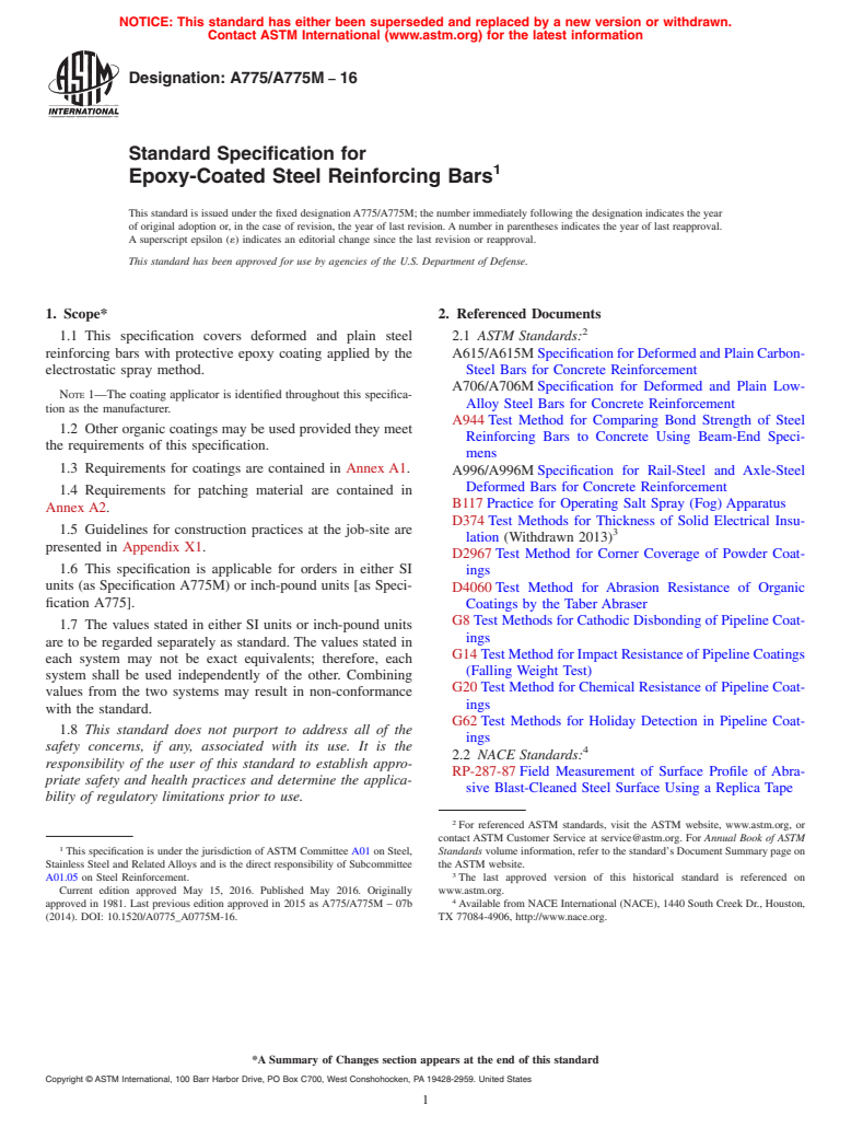 ASTM A775/A775M-16 - Standard Specification for  Epoxy-Coated Steel Reinforcing Bars