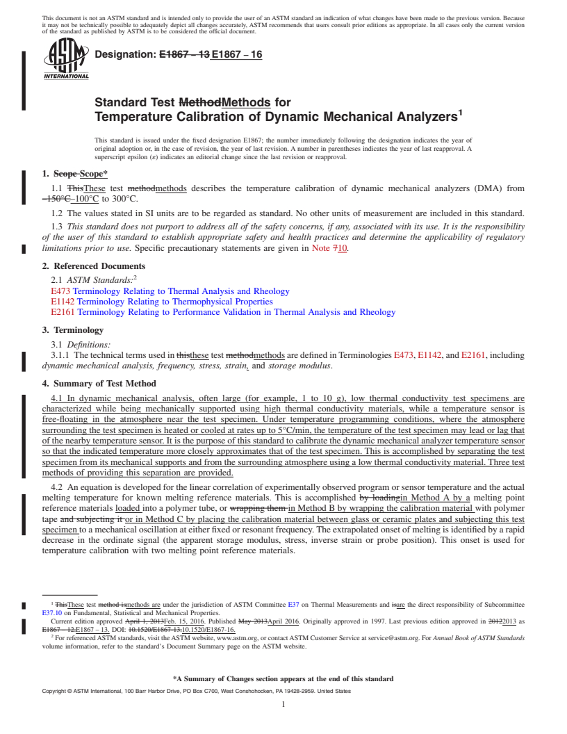 REDLINE ASTM E1867-16 - Standard Test Methods for  Temperature Calibration of Dynamic Mechanical Analyzers