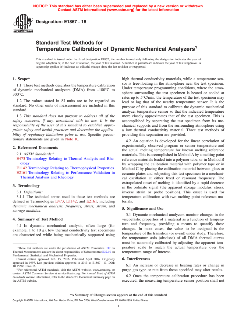 ASTM E1867-16 - Standard Test Methods for  Temperature Calibration of Dynamic Mechanical Analyzers