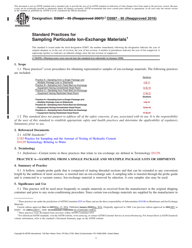 REDLINE ASTM D2687-95(2016) - Standard Practices for  Sampling Particulate Ion-Exchange Materials