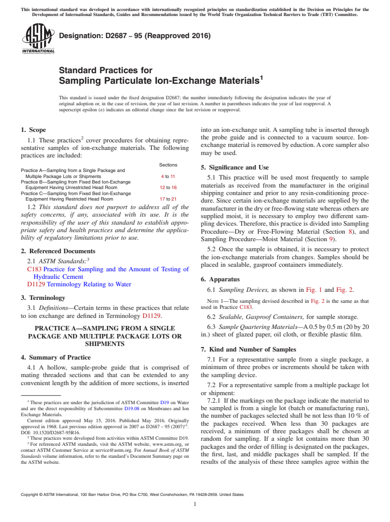 ASTM D2687-95(2016) - Standard Practices for  Sampling Particulate Ion-Exchange Materials