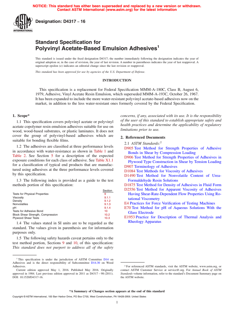 ASTM D4317-16 - Standard Specification for Polyvinyl Acetate-Based Emulsion Adhesives