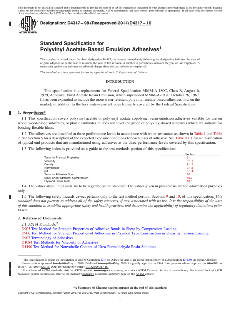 REDLINE ASTM D4317-16 - Standard Specification for Polyvinyl Acetate-Based Emulsion Adhesives