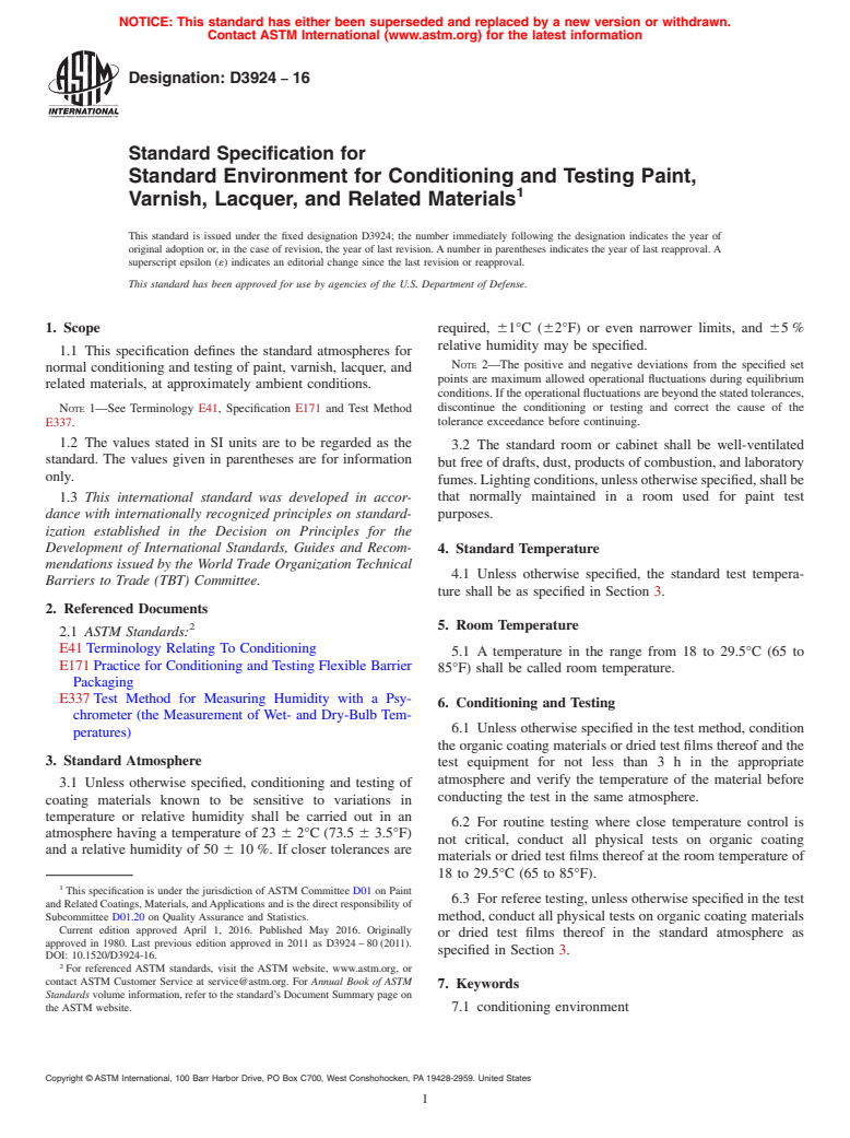 ASTM D3924-16 - Standard Specification for Standard Environment for Conditioning and Testing Paint, Varnish,   Lacquer,  and Related Materials