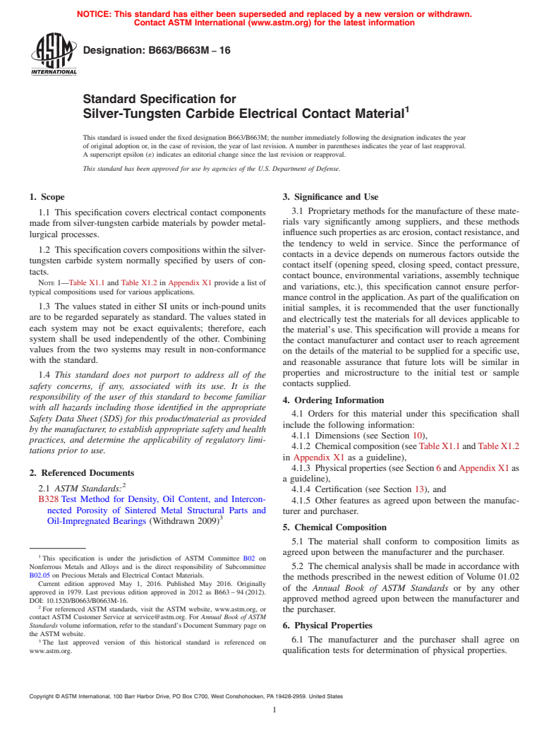 ASTM B663/B663M-16 - Standard Specification For Silver-Tungsten Carbide ...