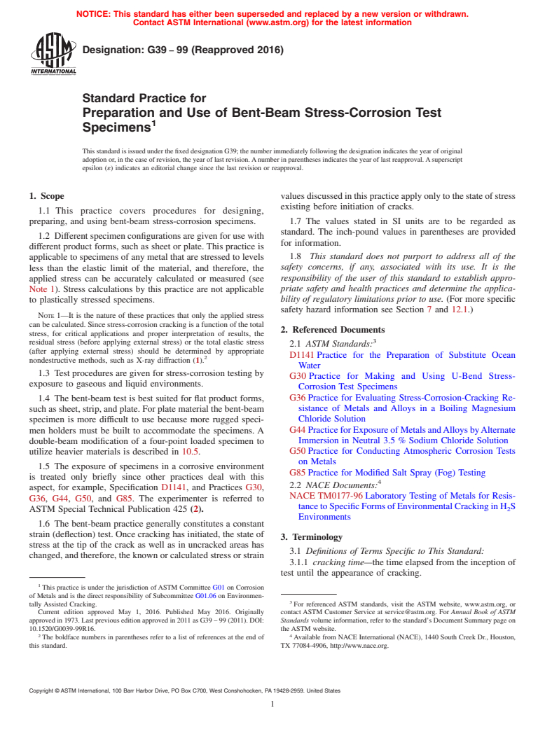 ASTM G39-99(2016) - Standard Practice for  Preparation and Use of Bent-Beam Stress-Corrosion Test Specimens