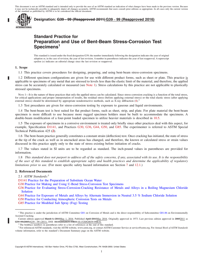 REDLINE ASTM G39-99(2016) - Standard Practice for  Preparation and Use of Bent-Beam Stress-Corrosion Test Specimens