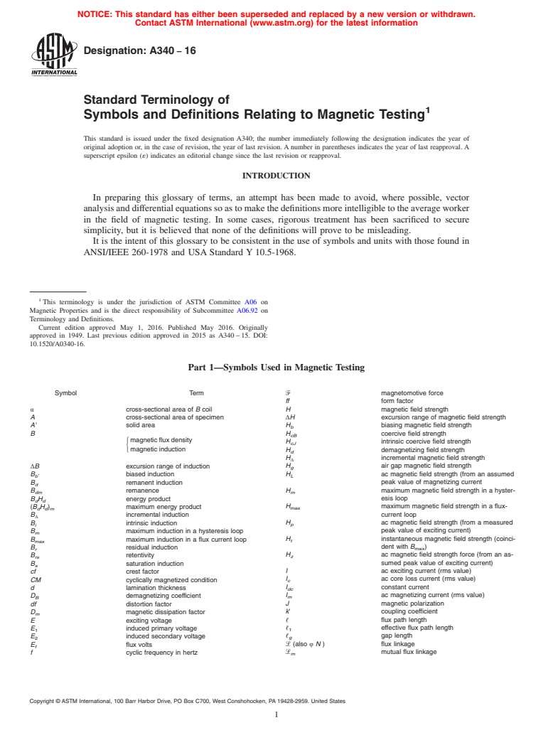 ASTM A340-16 - Standard Terminology of Symbols and Definitions Relating to Magnetic Testing