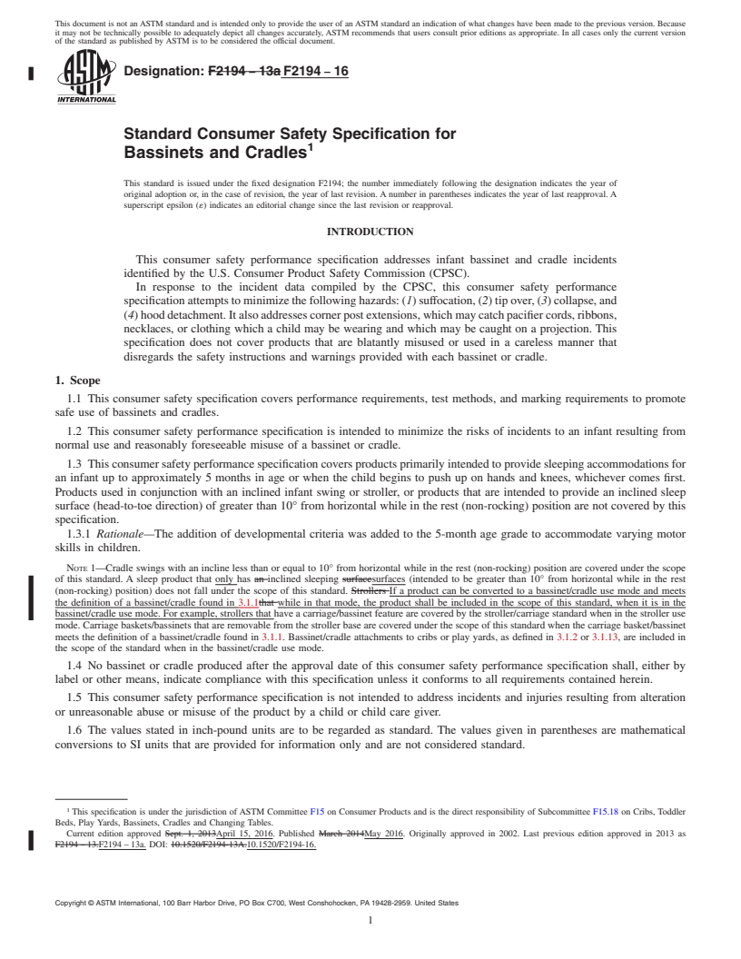 REDLINE ASTM F2194-16 - Standard Consumer Safety Specification for Bassinets and Cradles