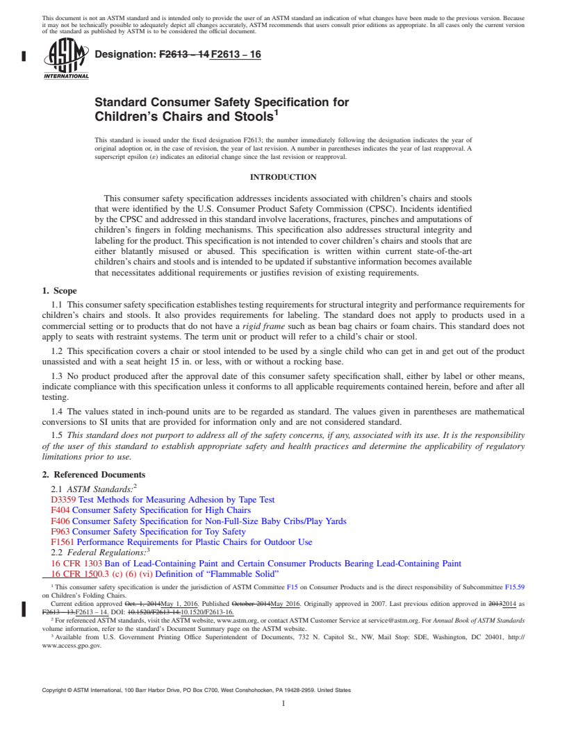 REDLINE ASTM F2613-16 - Standard Consumer Safety Specification for  Children's Chairs and Stools