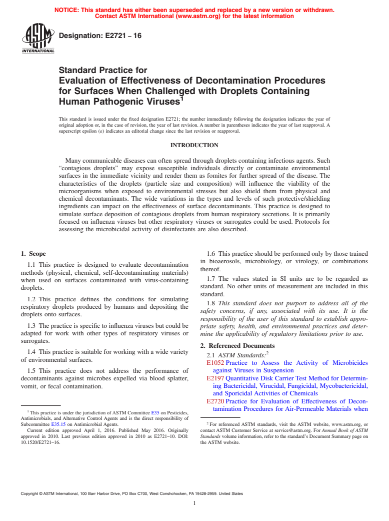 ASTM E2721-16 - Standard Practice for  Evaluation of Effectiveness of Decontamination Procedures for  Surfaces When Challenged with Droplets Containing Human Pathogenic  Viruses (Withdrawn 2024)