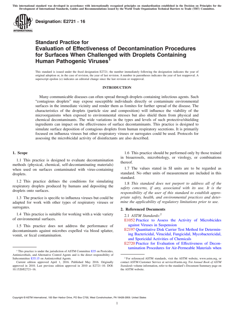 ASTM E2721-16 - Standard Practice for  Evaluation of Effectiveness of Decontamination Procedures for  Surfaces When Challenged with Droplets Containing Human Pathogenic  Viruses