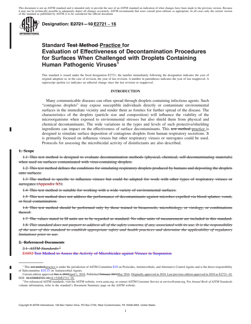 REDLINE ASTM E2721-16 - Standard Practice for  Evaluation of Effectiveness of Decontamination Procedures for  Surfaces When Challenged with Droplets Containing Human Pathogenic  Viruses