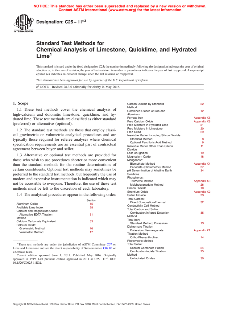 ASTM C25-11e2 - Standard Test Methods for  Chemical Analysis of Limestone, Quicklime, and Hydrated Lime