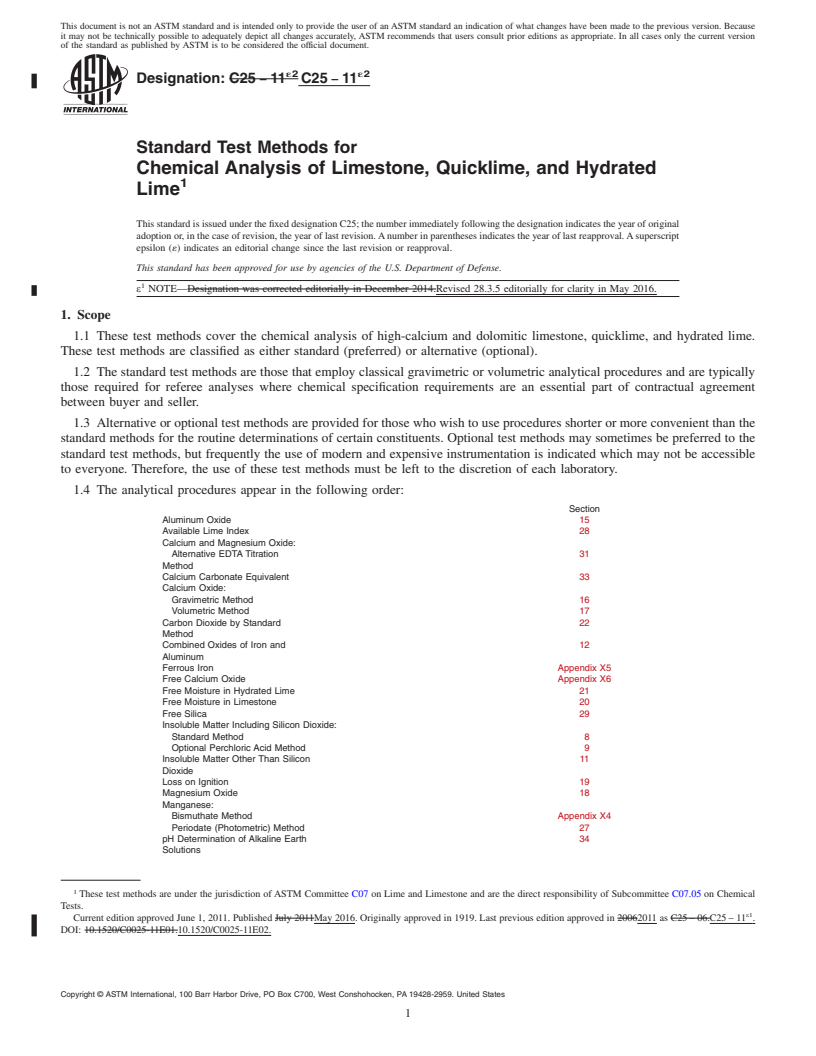 REDLINE ASTM C25-11e2 - Standard Test Methods for  Chemical Analysis of Limestone, Quicklime, and Hydrated Lime