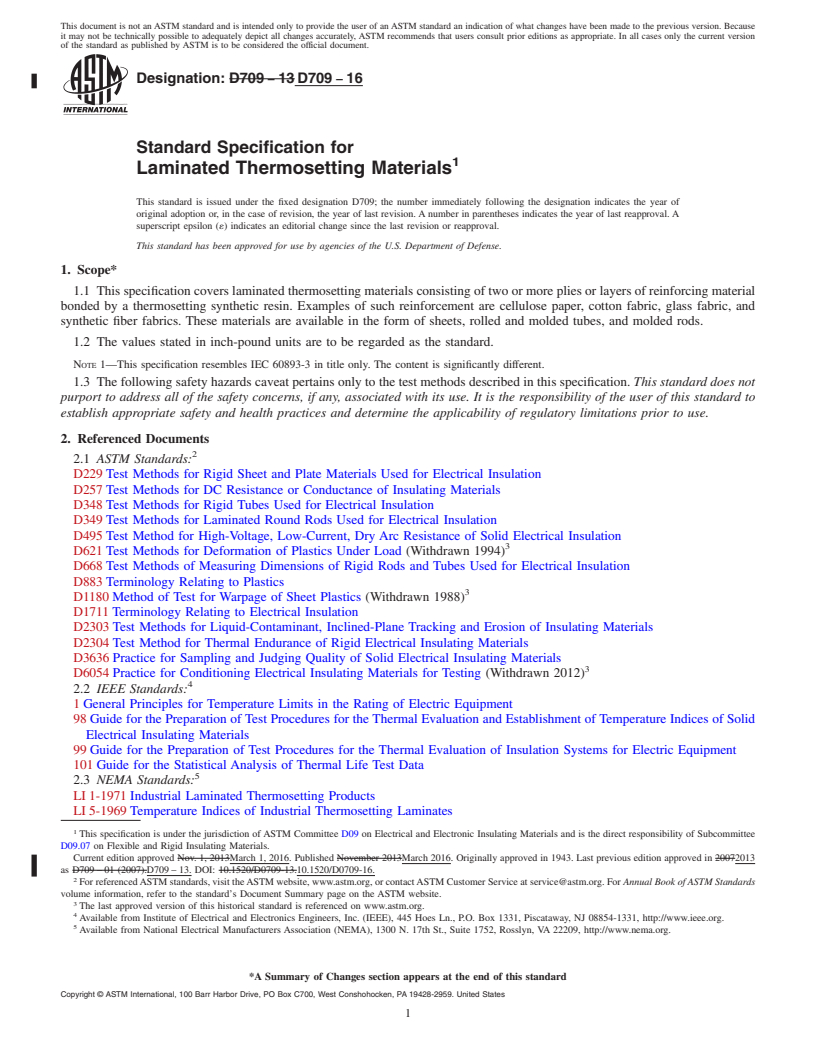 REDLINE ASTM D709-16 - Standard Specification for  Laminated Thermosetting Materials