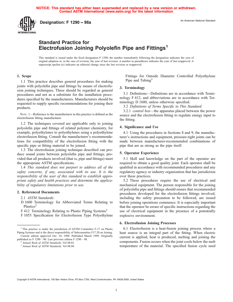 ASTM F1290-98a - Standard Practice for Electrofusion Joining Polyolefin Pipe and Fittings