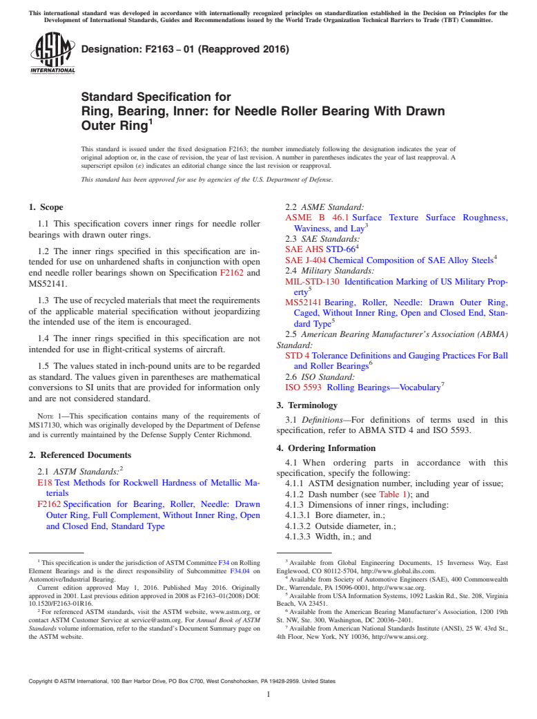 ASTM F2163-01(2016) - Standard Specification for  Ring, Bearing, Inner: for Needle Roller Bearing With Drawn  Outer Ring