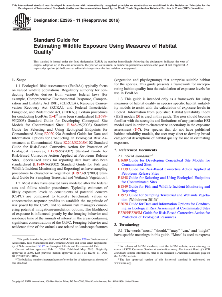 ASTM E2385-11(2016) - Standard Guide for Estimating Wildlife Exposure Using Measures of Habitat Quality