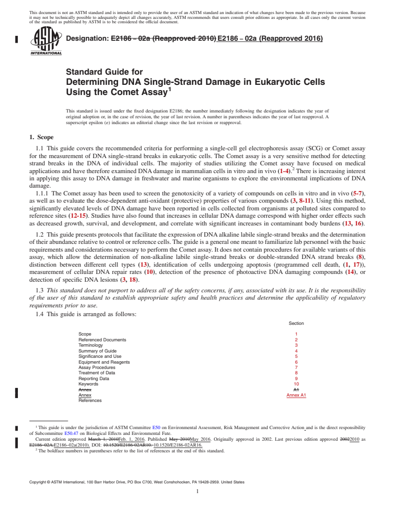 REDLINE ASTM E2186-02a(2016) - Standard Guide for Determining DNA Single-Strand Damage in Eukaryotic Cells Using  the Comet Assay