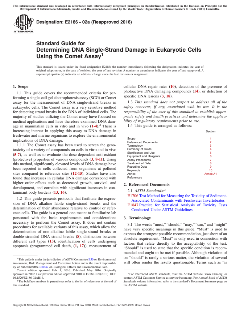 ASTM E2186-02a(2016) - Standard Guide for Determining DNA Single-Strand Damage in Eukaryotic Cells Using  the Comet Assay