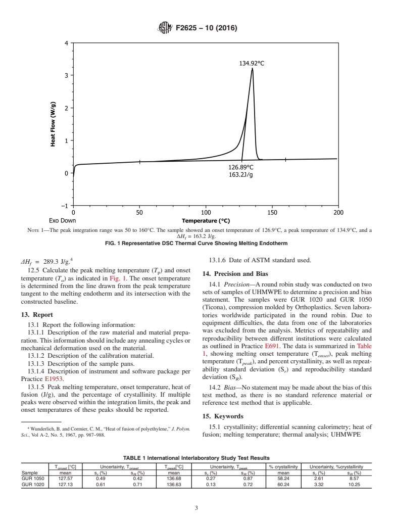 ASTM F2625-10(2016) - Standard Test Method for  Measurement of Enthalpy of Fusion, Percent Crystallinity, and  Melting Point of Ultra-High-Molecular Weight Polyethylene by Means  of Differential Scanning Calorimetry