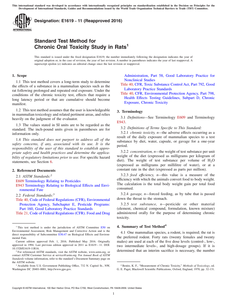 ASTM E1619-11(2016) - Standard Test Method for Chronic Oral Toxicity Study in Rats