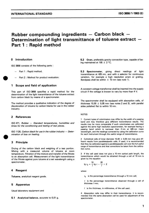 ISO 3858-1:1983 - Rubber compounding ingredients -- Carbon black -- Determination of light transmittance of toluene extract